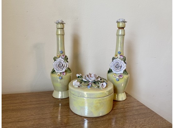 German Made Vintage Powder Box And Perfume Bottles With Rose Details