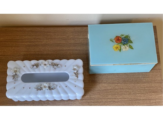 Vintage Plastic With Flowers And Rhinestones Tissue Box Cover And Blue Box With Flowers