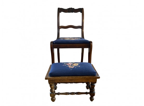 Beautiful Wood And Needlepoint Navy Blue Sitting Chair And Footrest
