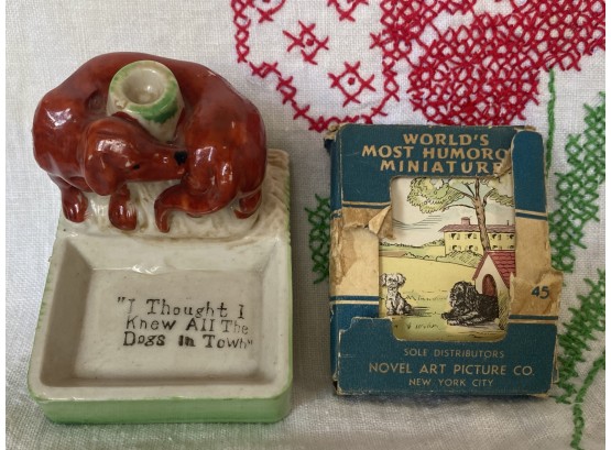 Amazing Old Porcelain Dog Novelty Figurine With Writing And Novel Art Picture Co Dog Souvenir Mailing Cards