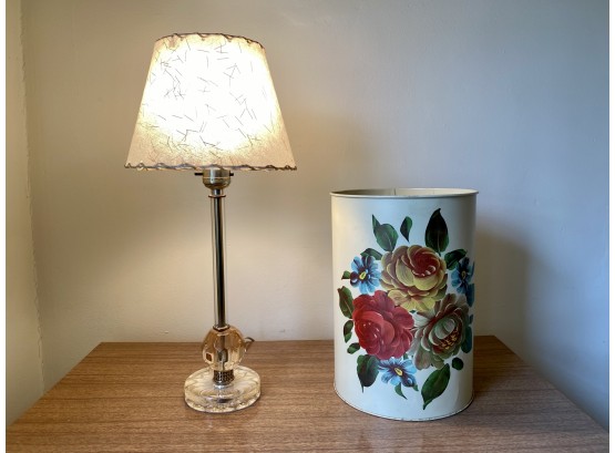 Vintage NC Colorware Floral Motif Small Waste Bin And Glass Lamp With Shade