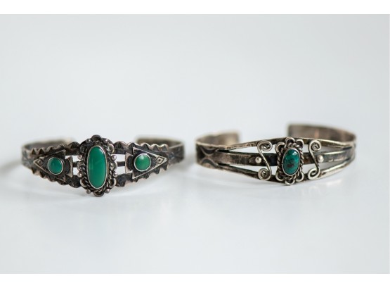 A Lovely Pair Of Two Native American Fred Harvey Era Bangles With Malachite Stones