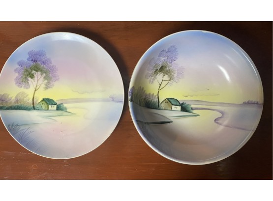 Hand Painted Antique Plate And Bowl Set With Lavender Pastoral Scene