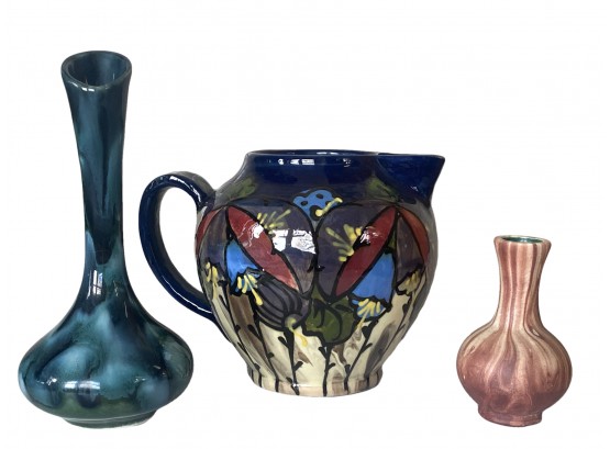Grouping Of Three Pottery Pieces Including German Colorful Pitcher And Art Nouveau Ozark Signed Bud Vase