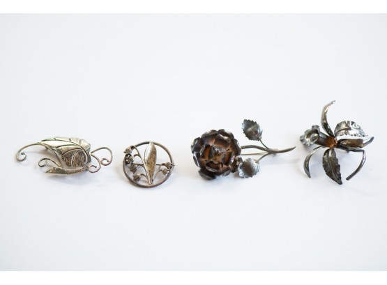 A Grouping Of Four Vintage Sterling Silver Pins Including Taxco Sterling