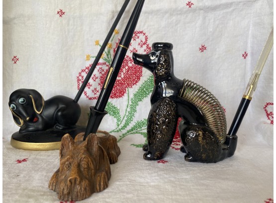 A Grouping Of Vintage Dog Themed Office Pieces Including Scottie Dog Fountain Pen Holder With Thermometer