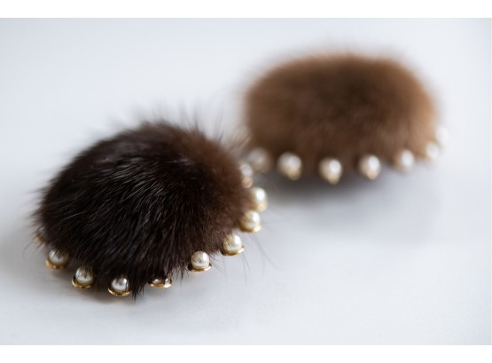 Pair Of Two Genuine Mink Pom Pom Pins With Faux Pearl Detailing