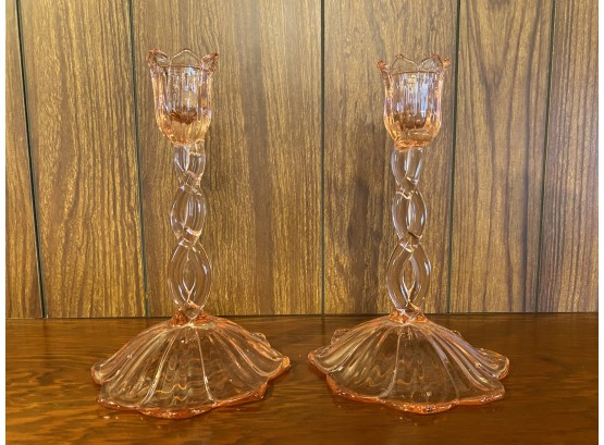 Air Of Vintage Rose Colored Glass Candlesticks Tulip Opening