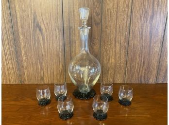Vintage Glasses And Black Scalloped Base Decanter With 6 Matching Glasses
