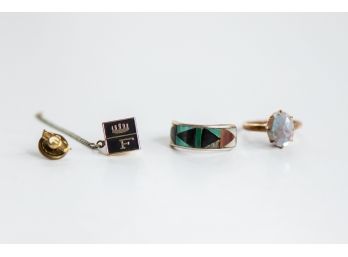 A Nice Lot Of Vintage Jewelry Including Sterling Silver Inlay Ring And Vintage Frigidaire Cufflink