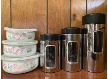 A Grouping Of Kitchen Containers Includin Lidded Bowls With Pink Floral Design & Cannisters From Belgium