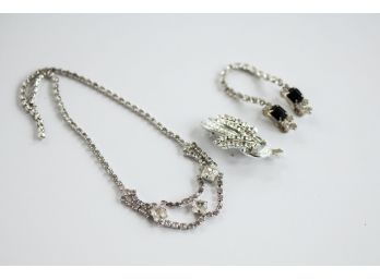 A Lovely Collection Of Vintage Rhinestone Jewelry Including Statement Necklace And Sweater Clip