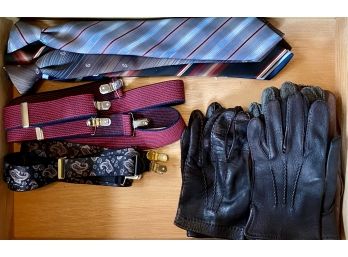 Grouping Of Mens Leather Gloves Clip On Ties And Suspenders