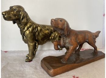 Pair Of Two Beautiful Large Irish Setter Figurines Including Jennings Brothers Brass & Hand Carved Wood