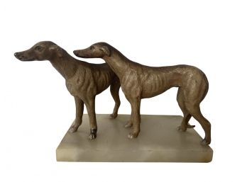 Antique Pair Of Bronze Toned Metal Greyhounds On Marble Base