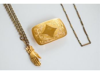 Vintage Gold Toned Belt Buckle And Two Necklaces