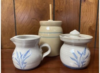 A Group Of Vintage Stoneware Including Butter Crock And Matching Cream And Sugar