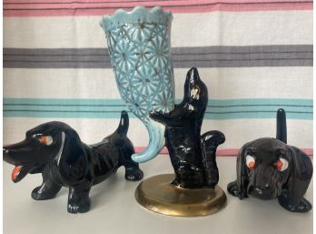Rare! Collection Of Mid Century Pottery Pieces Including Edith Stiles Signed Skunk Holding Teal Vase