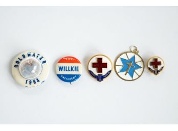 A Nice Lot Of Vintage Political Pins And Red Cross Pins