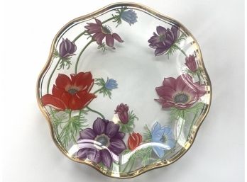 Beautiful Floral Glass Dish With Ribboned Edges And Gold Trim