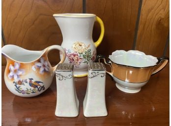 A Grouping Of Lusterware Serving Pieces And Painted Floral Pitcher Including Noritake