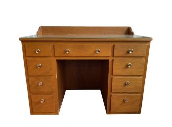 Heavy! Vintage Desk With Glass Top And 9 Drawers