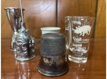 Grouping Of Vintage Barware Including Shot Glasses, Measuring Glasses, And Tiki Decoration