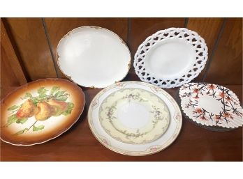 Nice Grouping Of Vintage & Antique Plates Including Hand Painted Pears & Milk Glass