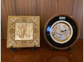 Art Of Chokin 24K Gold Edge Japanese Etched Plate And Music Box Square Plate With Stand