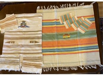 2 Vintage Cotton Handwoven Tablecloths And Napkins