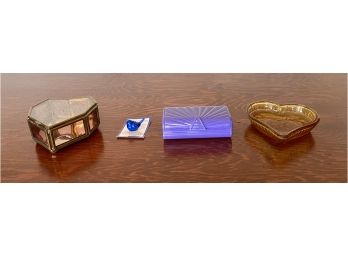 Collection Of Vintage Glass Trinket Boxes, Purple Avon Lipstick Case And Bluebird Of Happiness Charm
