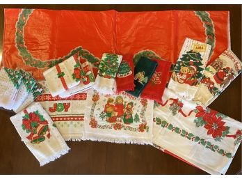 Collection Of Christmas Linens Including Tablecloths And Hand Towels