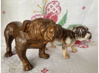 A Pair Of Two Fabulous American Bulldog Figurines Including Carved Wood And Royal Doulton