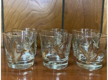 Awesome Mid Century Set Of Cocktail Glasses With Embossed Gold Duck Design