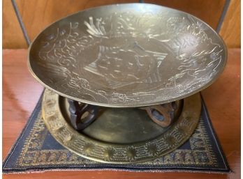 Brass Decorative Bowl On Stand With Brass Plate Ad Rosette Vintage Tapestry Piece With Velvet Back