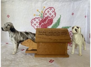 A Great Grouping Of Vintage Dog Figurines Including Carved 1939 Otto Ulrich Wood Dog House