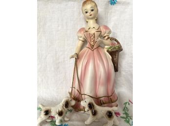 Gorgeous Souvenir Porcelain Belle Doll With Dogs On Leashes From The Lyons Den Post Office In California