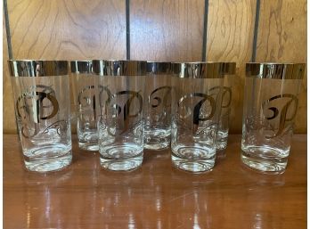 Collection Of 8 Monogrammed 'P' Highball Glasses With Silver Lined Rim