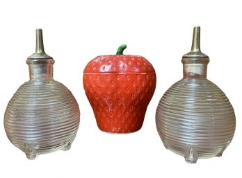 Awesome Lot Of Mid Century Kitchen Pieces Including Lidded Strawberry Candy Dish And Oil & Vinegar Cruets