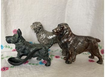 Great Grouping Of Three Vintage Dogs Including Antique Bronze Scottie Dog Pipe Holder
