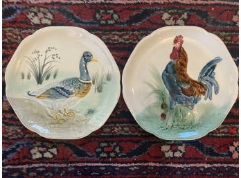 Pair Of Hand Painted Antique Rustic French Ironstone Plates Featuring Duck & Rooster