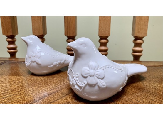 Pair Of White Ceramic Doves With Floral Relief Design