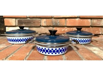 3 Vintage Blue Enamelware Cooking Pots With Lids