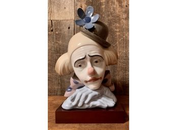 Lladro Commedia Dell'Arte 'Pensive Clown Bust' With Wood Base -5130