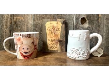 NEW! Coffee Mugs And Decorative Wood Coffee Plaque