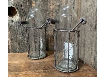 2 Glass Vases In Metal Chicken Wire-NEW!