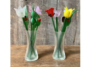 2 Glass Vases With Blown Glass Flowers