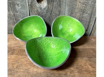 3 Metal And Green Enamel Small Bowls