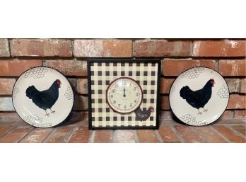 Square Kitchen Clock & 2 Hen Plates