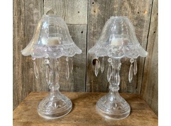Pair Of Crystal Votive Lamps With Hanging Tear Drops